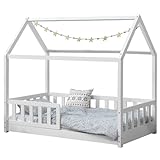 Juskys Kinderbett Marli 80 x 160 cm mit Rausfallschutz, Lattenrost und Dach - Hausbett für Kinder aus Massivholz - Bett in Weiß
