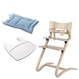 Leander Stuhl white wash - Hochstuhl - Kinderstuhl - Erwachsenenstuhl mit Babybügel + Tablett weiß + Kissen dusty blue